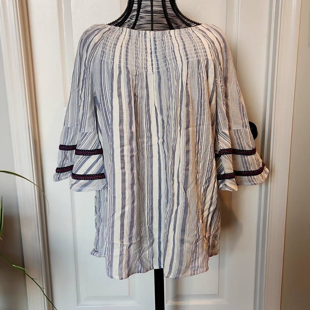 NWT STUDIO WEST SIze 2X blue & white stripes will bell sleeves & smocked neck
